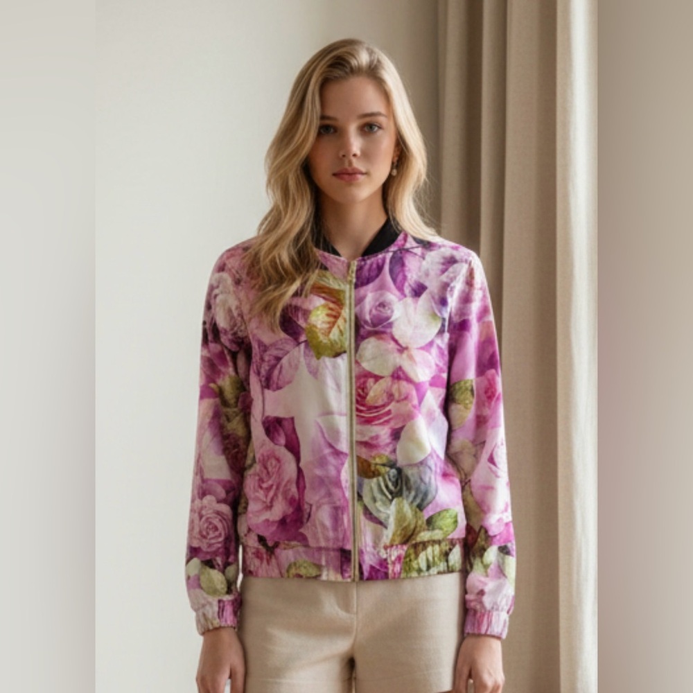 IMNYC Women Bomber Jacket Flowers Coat Zipper Size XS